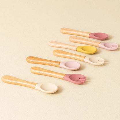 Dear Xime Wooden Handle Silicone Spoon & Fork Set — Training Utensils | 6M+