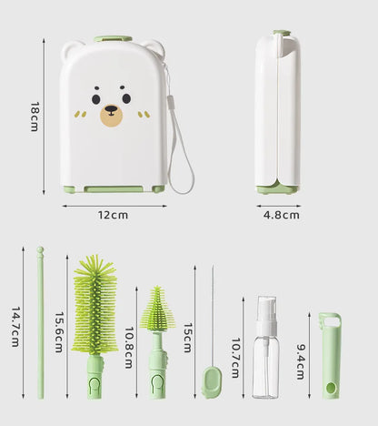 New Travel Baby Bottle Brush Set - Newborn Safe Silicone Cleaning Brushes with Storage Box for Bottles, Nipples & Accessories