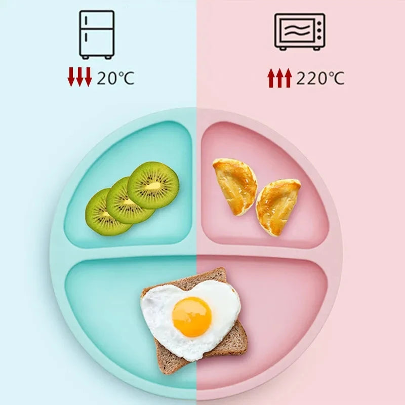 Baby Silicone Feeding Dishes Children Suction Plate Suction Sucker Bowl Wood Fork Spoon Set Toddler Training Tableware BPA Free