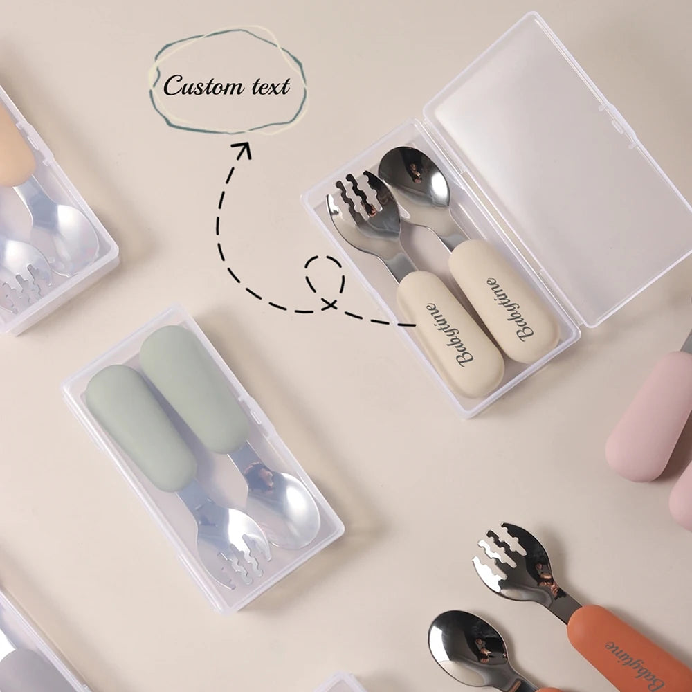 Personalized Baby Spoons and Forks Set, Silicone Handle & 316 Stainless Steel, with Storage Case, Baby Led Weaning Weaning Self