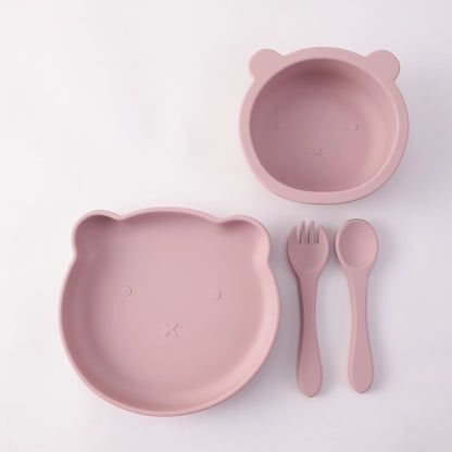 Color Kids 4PCS Silicone Feeding Tableware Set Baby Newborn Items Sucker Dishes Spoon Fork Bowls Food Training Essentials