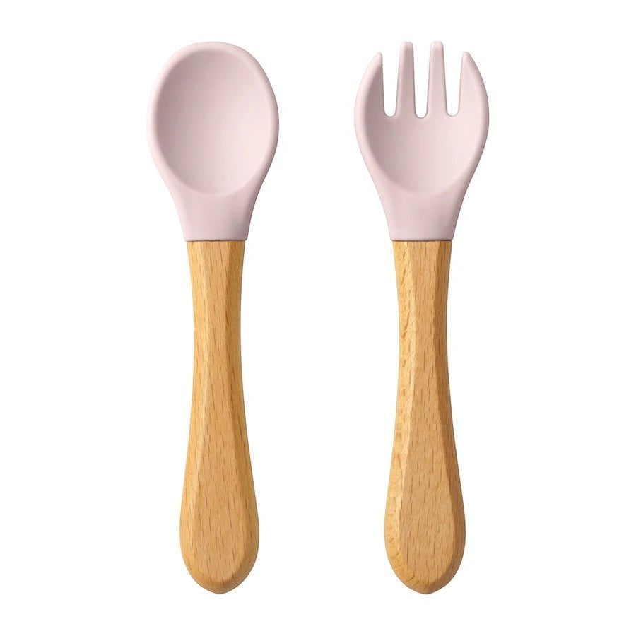 Dear Xime Wooden Handle Silicone Spoon & Fork Set — Training Utensils | 6M+
