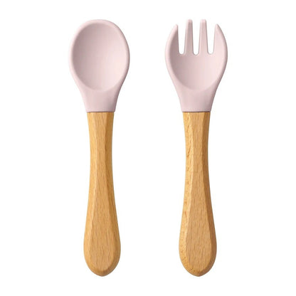 Dear Xime Wooden Handle Silicone Spoon & Fork Set — Training Utensils | 6M+