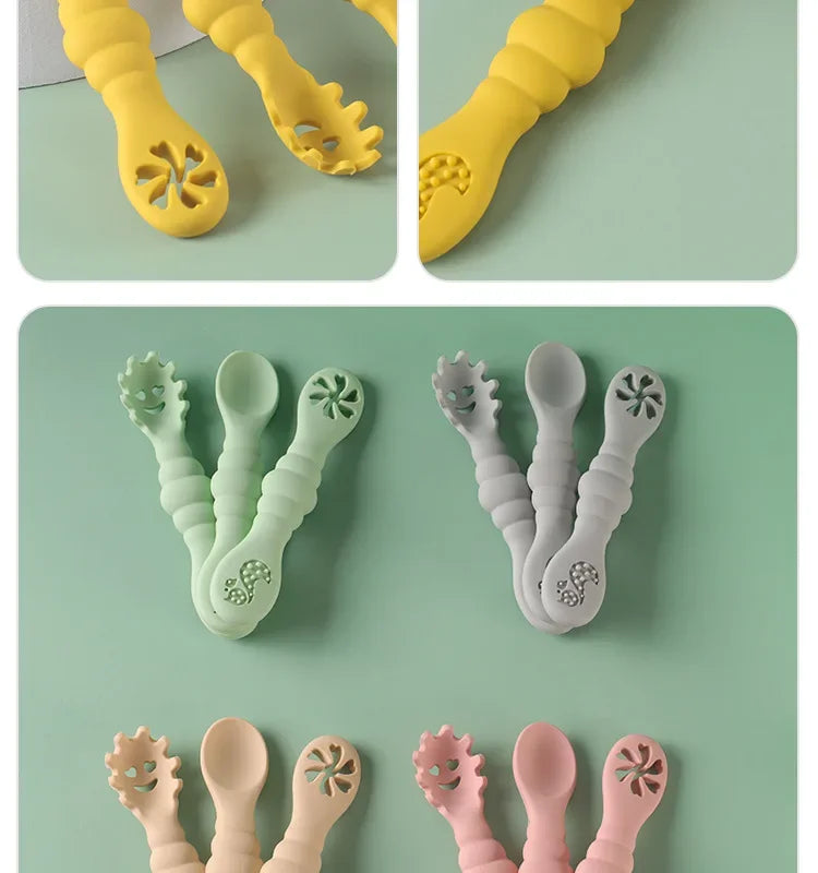 3PCS Silicone Spoon Fork For Baby Utensils Set Feeding Food Toddler Learn To Eat Training Soft Fork Cutlery Children's Tableware