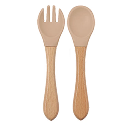 Baby Silicone Feeding Dishes Children Suction Plate Suction Sucker Bowl Wood Fork Spoon Set Toddler Training Tableware BPA Free