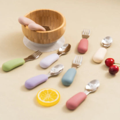 Dear Xime Silicone & Stainless Steel Baby Spoon & Fork Set — Training Utensils | 12M+