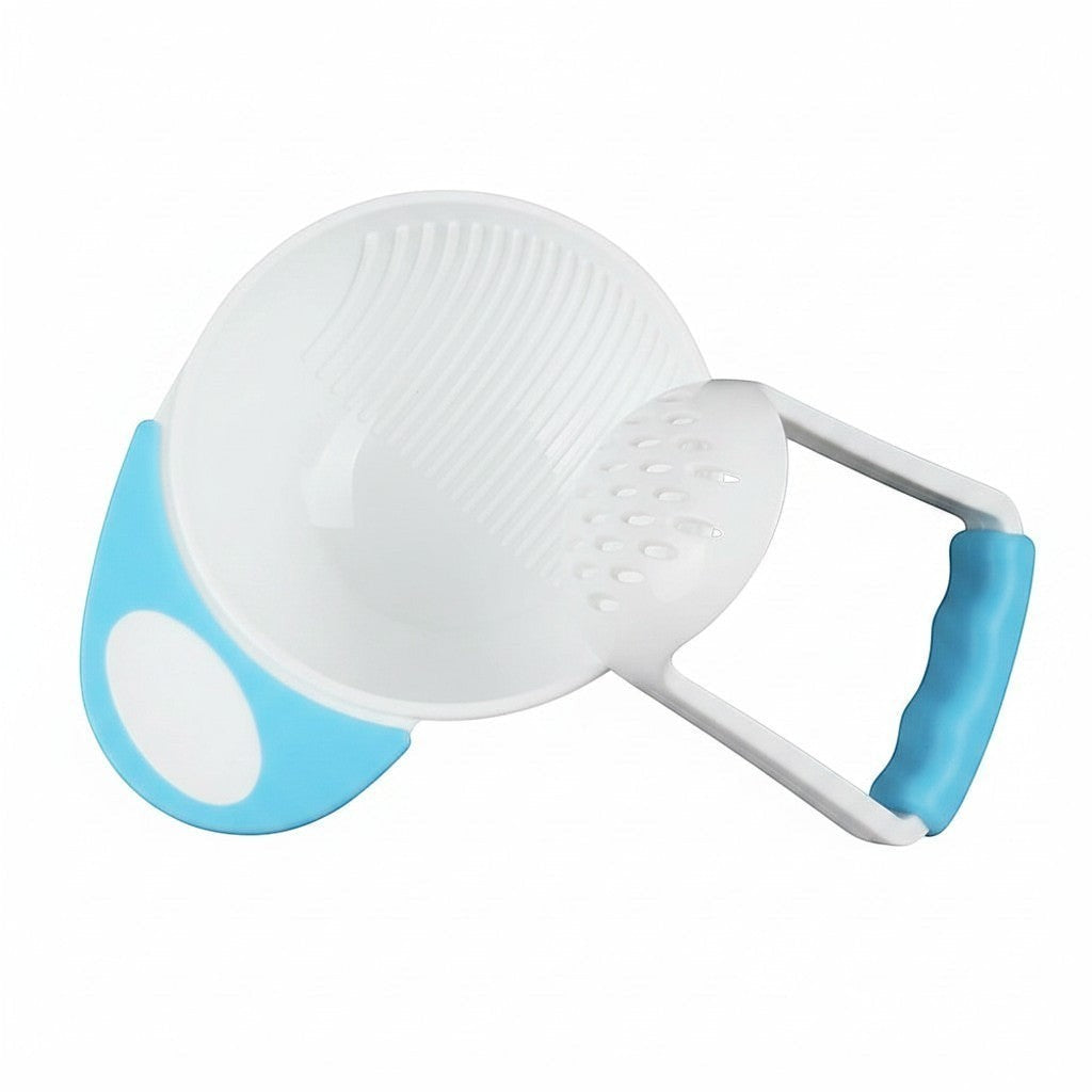 DearXime manual baby food grinder and bowl set in blue and white for easy homemade fruit and vegetable purees.