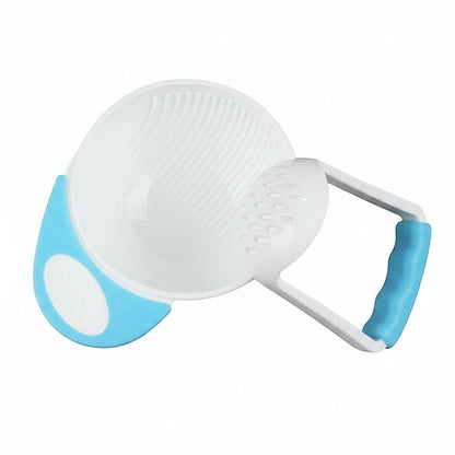 DearXime manual baby food grinder and bowl set in blue and white for easy homemade fruit and vegetable purees.