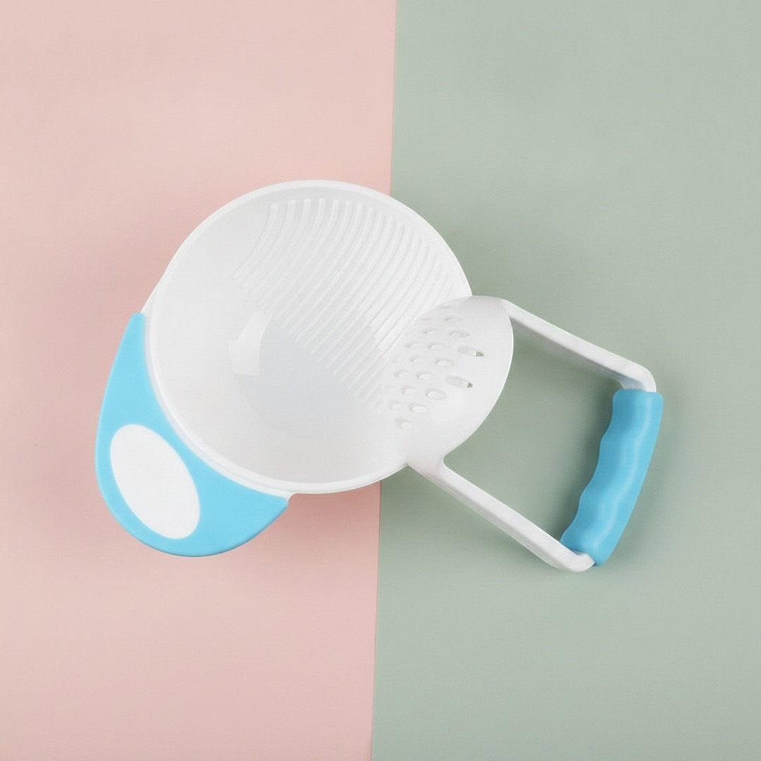 DearXime manual baby food grinder and bowl set in blue and white for easy homemade fruit and vegetable purees
