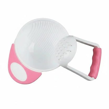DearXime manual baby food grinder and bowl set in pink and white for mashing fruits and vegetables