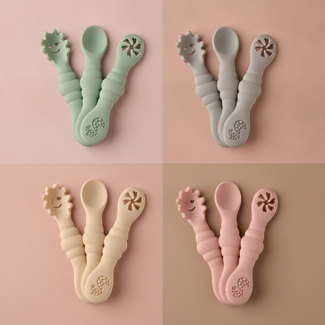 DearXime 3-piece soft silicone baby utensil sets in green, gray, beige, and pink with ergonomic handles.