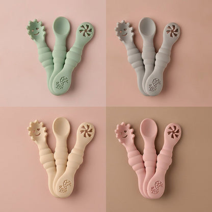 DearXime 3-piece soft silicone baby utensil sets in green, gray, beige, and pink with ergonomic handles.