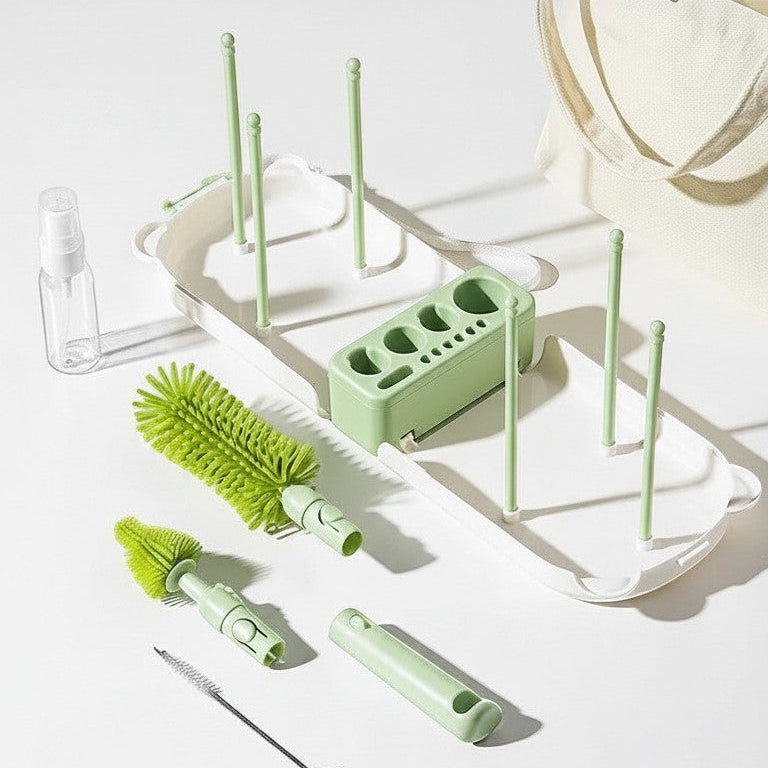 DearXime green silicone bottle brush set with a portable storage box and drying rack for newborn feeding gear.