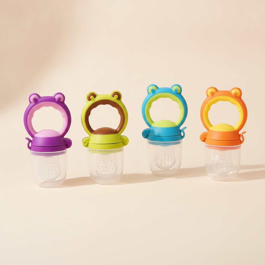 DearXime silicone fruit feeder pacifiers in purple, green, blue, and orange with cute animal-shaped handles.