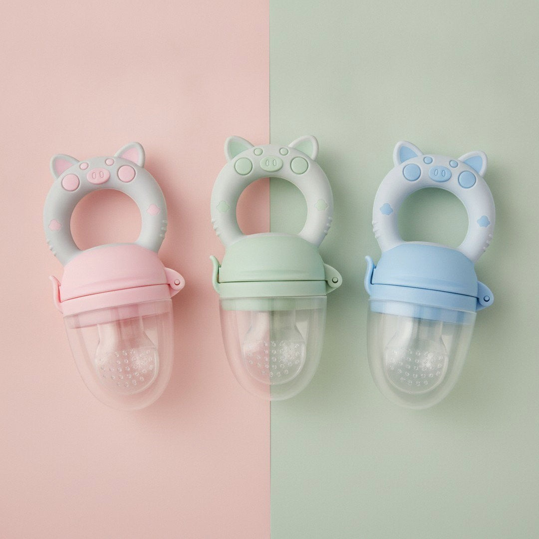 DearXime silicone fruit and veggie feeder pacifiers in pastel pink, green, and blue with cute animal ear handles.