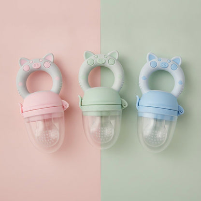 DearXime silicone fruit and veggie feeder pacifiers in pastel pink, green, and blue with cute animal ear handles.