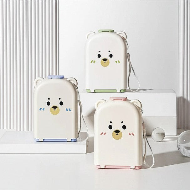 DearXime travel silicone bottle brush sets in bear-shaped storage boxes, available in pink, green, and blue.